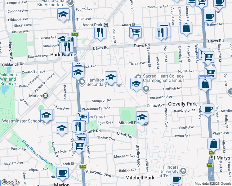 map of restaurants, bars, coffee shops, grocery stores, and more near Arnold Drive in Mitchell Park