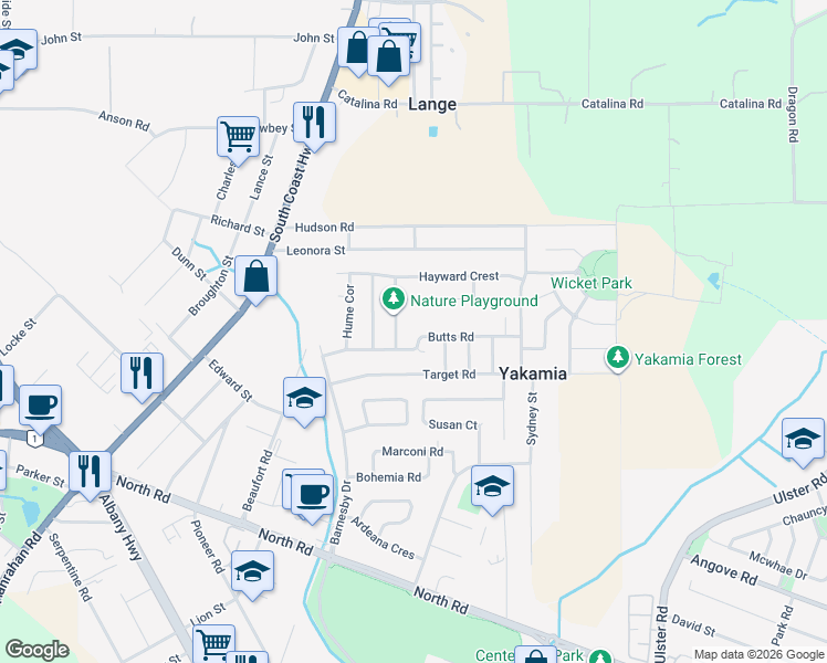 map of restaurants, bars, coffee shops, grocery stores, and more near 50 Butts Road in Yakamia