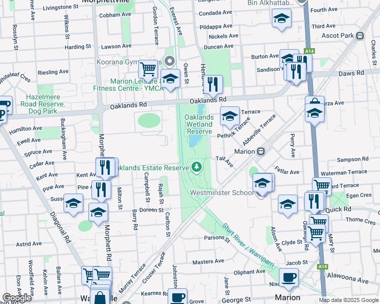map of restaurants, bars, coffee shops, grocery stores, and more near 237-265 Oaklands Road in Oaklands Park