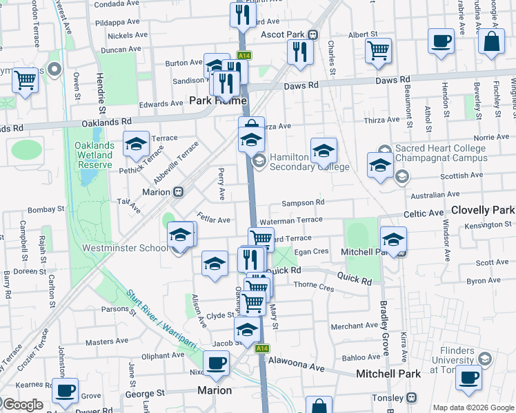 map of restaurants, bars, coffee shops, grocery stores, and more near 819 Marion Road in Mitchell Park