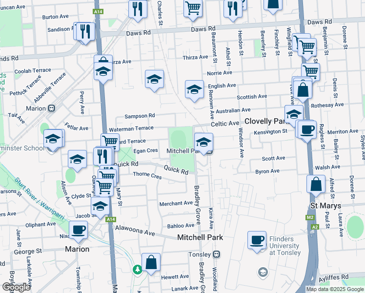 map of restaurants, bars, coffee shops, grocery stores, and more near Bradley Grove in Mitchell Park