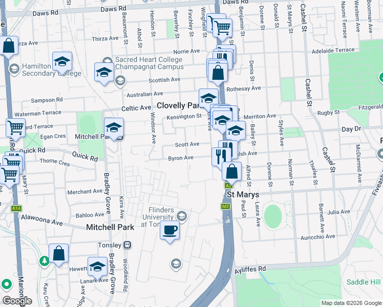 map of restaurants, bars, coffee shops, grocery stores, and more near 13 Byron Avenue in Clovelly Park
