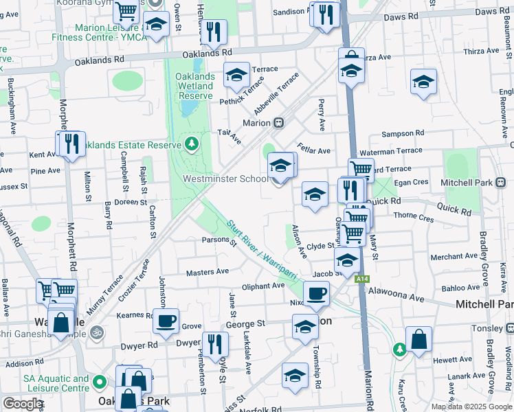 map of restaurants, bars, coffee shops, grocery stores, and more near 27 Alison Avenue in Marion