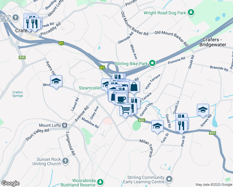 map of restaurants, bars, coffee shops, grocery stores, and more near 2 Mount Barker Road in Stirling