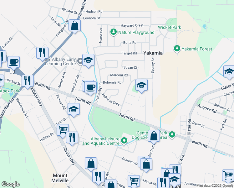map of restaurants, bars, coffee shops, grocery stores, and more near 11 Hofrad Court in Yakamia