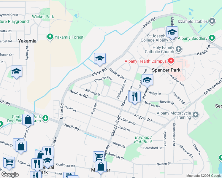 map of restaurants, bars, coffee shops, grocery stores, and more near 33 Chauncy Way in Spencer Park