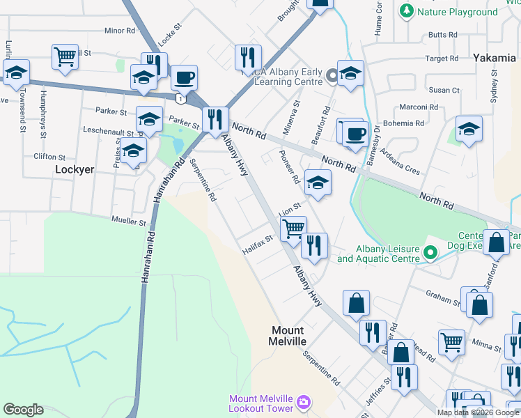 map of restaurants, bars, coffee shops, grocery stores, and more near 285 Albany Highway in Mount Melville
