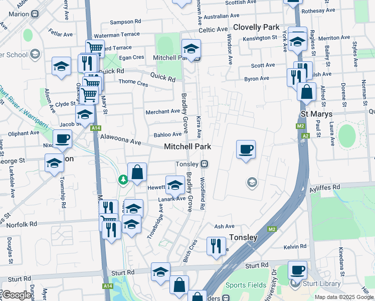 map of restaurants, bars, coffee shops, grocery stores, and more near Bradley Grove in Mitchell Park