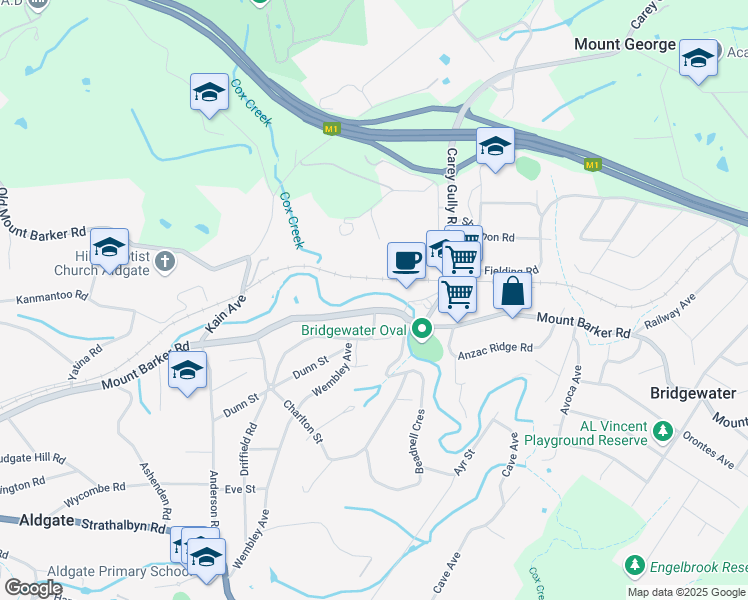 map of restaurants, bars, coffee shops, grocery stores, and more near 387 Mount Barker Road in Bridgewater
