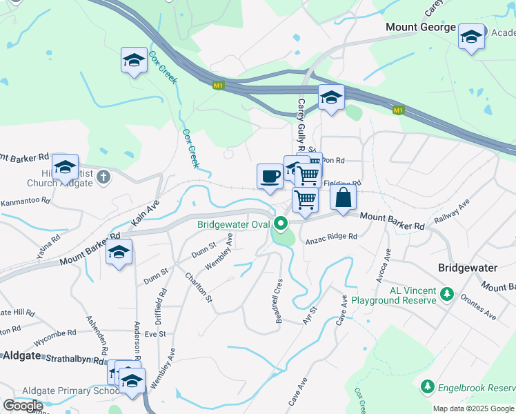 map of restaurants, bars, coffee shops, grocery stores, and more near 387 Mount Barker Road in Bridgewater