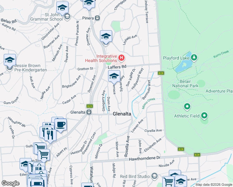 map of restaurants, bars, coffee shops, grocery stores, and more near 19 Arizona Terrace in Glenalta