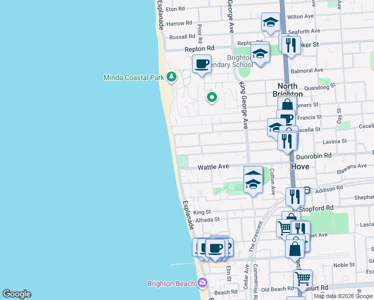 map of restaurants, bars, coffee shops, grocery stores, and more near 63 Downing Street in Hove