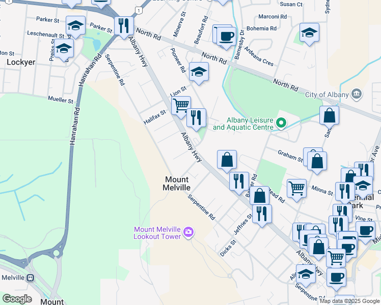 map of restaurants, bars, coffee shops, grocery stores, and more near 231 Albany Highway in Mount Melville