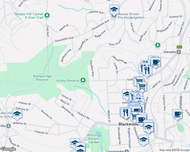 map of restaurants, bars, coffee shops, grocery stores, and more near 51 Grevillea Way in Blackwood