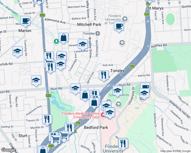 map of restaurants, bars, coffee shops, grocery stores, and more near 5 Oak Avenue in Clovelly Park