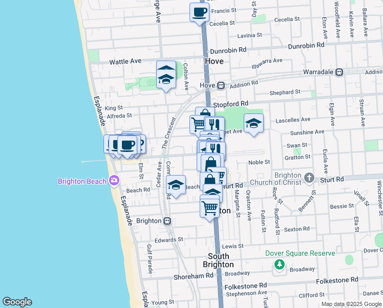 map of restaurants, bars, coffee shops, grocery stores, and more near 81 Jetty Road in Brighton