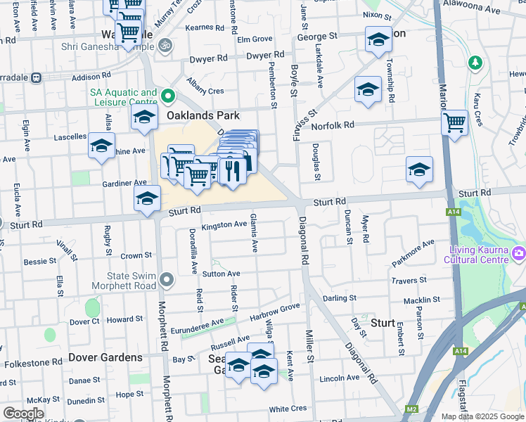 map of restaurants, bars, coffee shops, grocery stores, and more near 215 Sturt Road in Seacombe Gardens
