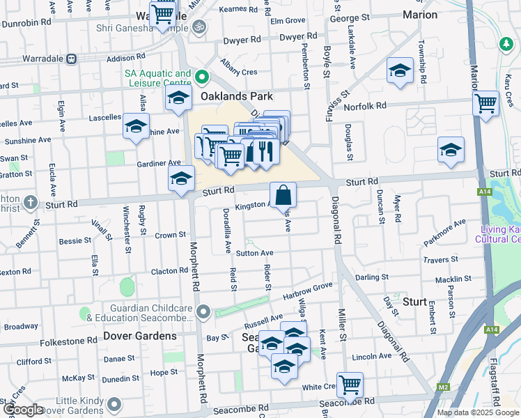 map of restaurants, bars, coffee shops, grocery stores, and more near 28 Kingston Avenue in Seacombe Gardens