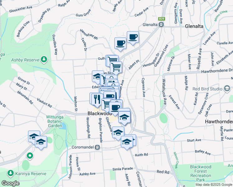 map of restaurants, bars, coffee shops, grocery stores, and more near 28 Station Avenue in Blackwood