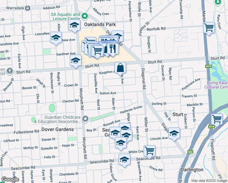 map of restaurants, bars, coffee shops, grocery stores, and more near 31 Sutton Avenue in Seacombe Gardens