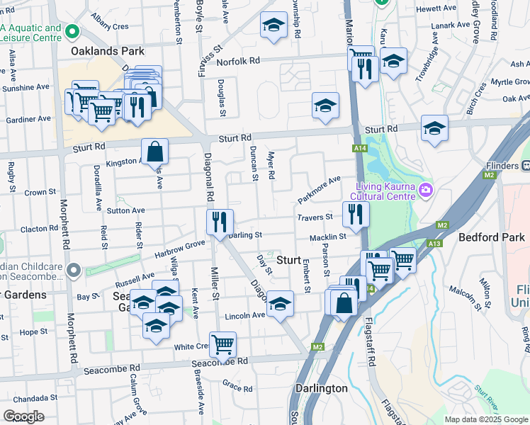 map of restaurants, bars, coffee shops, grocery stores, and more near 45 Travers Street in Sturt