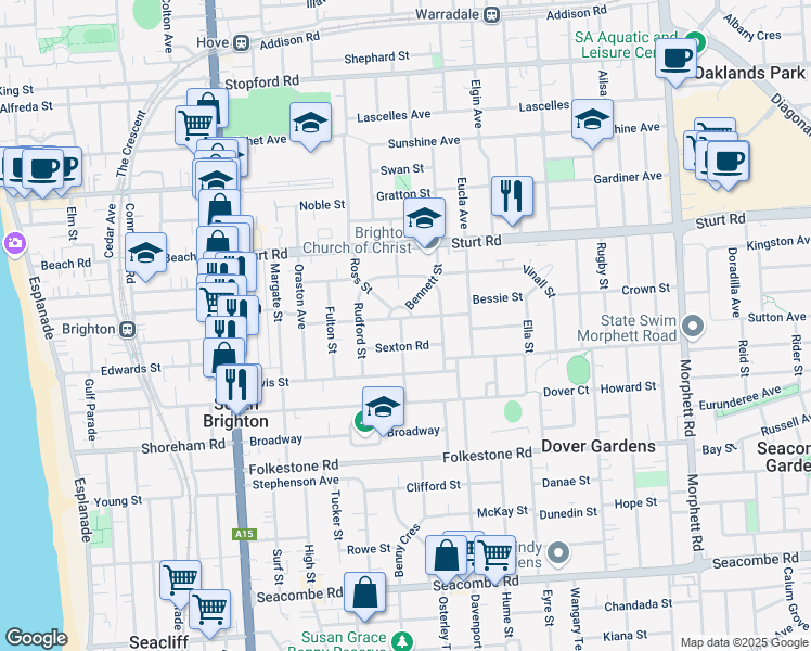 map of restaurants, bars, coffee shops, grocery stores, and more near 1 Hastings Road in Brighton