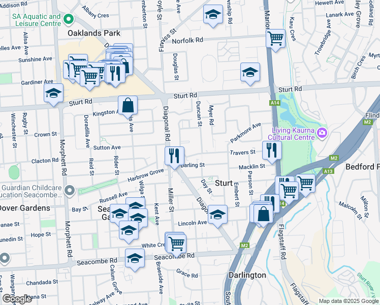 map of restaurants, bars, coffee shops, grocery stores, and more near 11 Carlow Street in Sturt