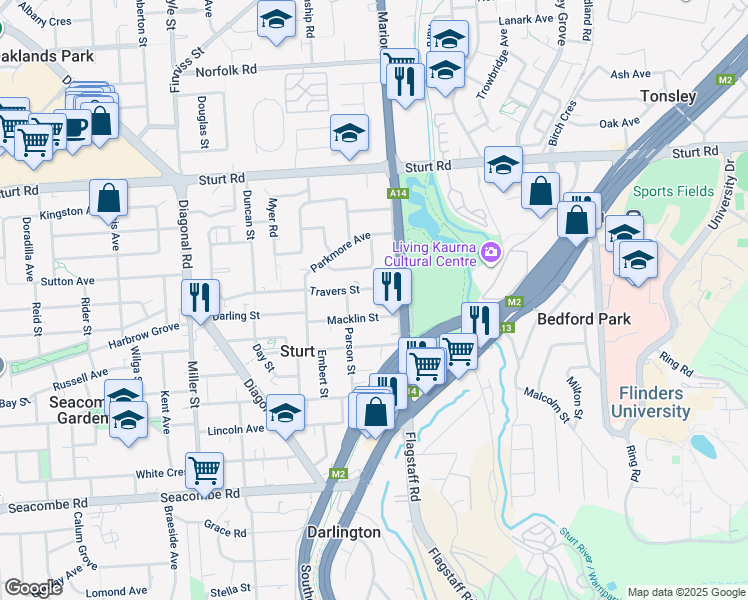 map of restaurants, bars, coffee shops, grocery stores, and more near 4A Travers Street in Sturt