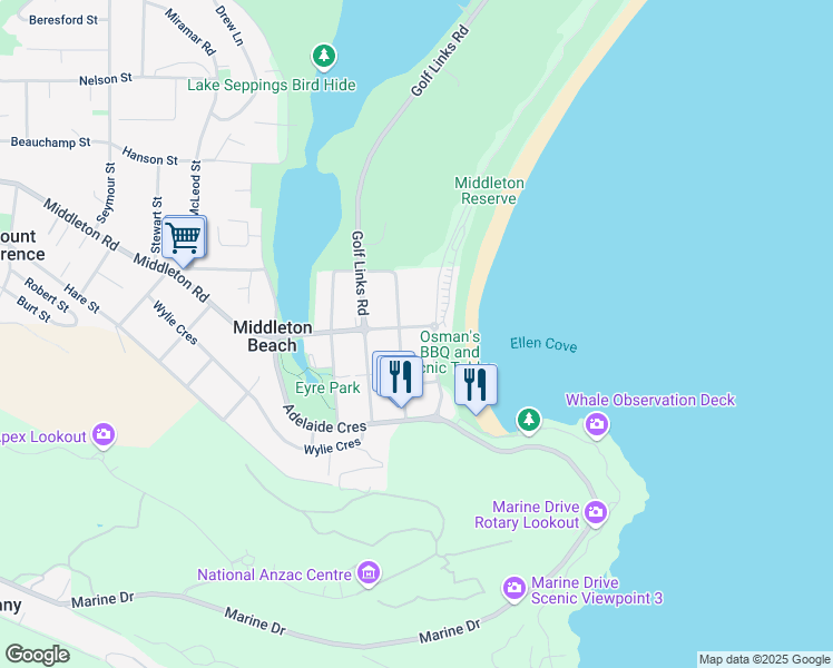 map of restaurants, bars, coffee shops, grocery stores, and more near 7 Middleton Road in Middleton Beach