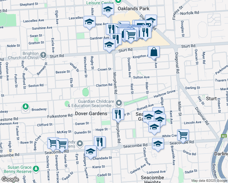 map of restaurants, bars, coffee shops, grocery stores, and more near 544 Morphett Road in Dover Gardens