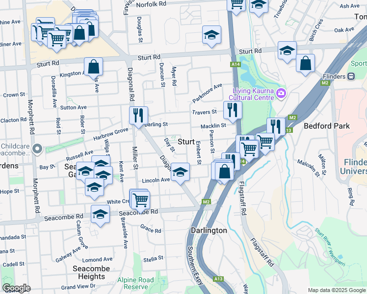 map of restaurants, bars, coffee shops, grocery stores, and more near 12 Franklin Street in Sturt