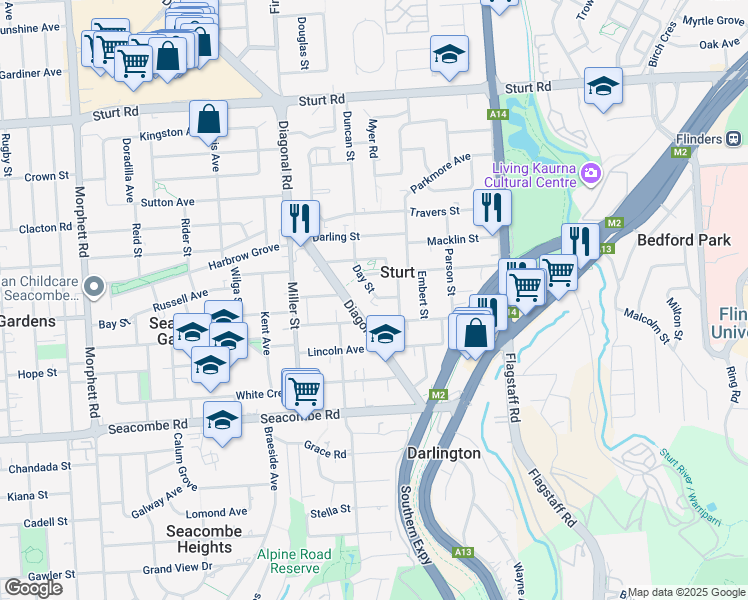 map of restaurants, bars, coffee shops, grocery stores, and more near 8 Day Street in Sturt