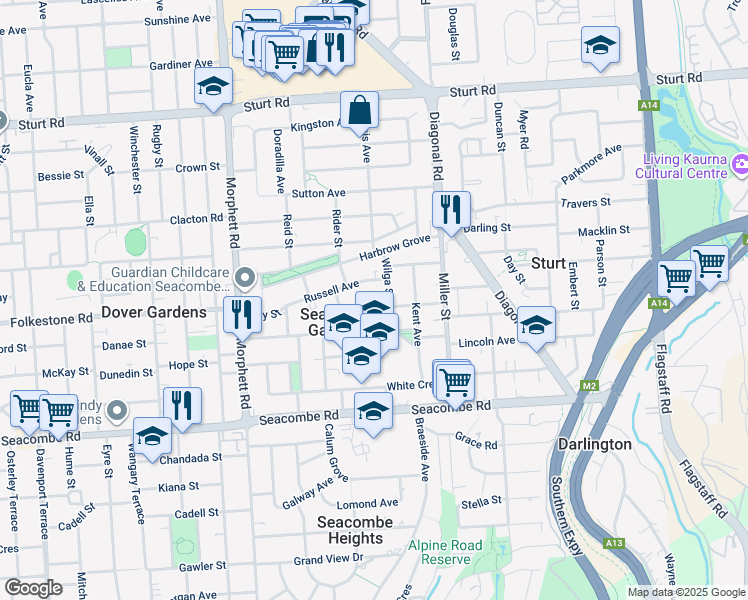 map of restaurants, bars, coffee shops, grocery stores, and more near 19 Ramsay Avenue in Seacombe Gardens