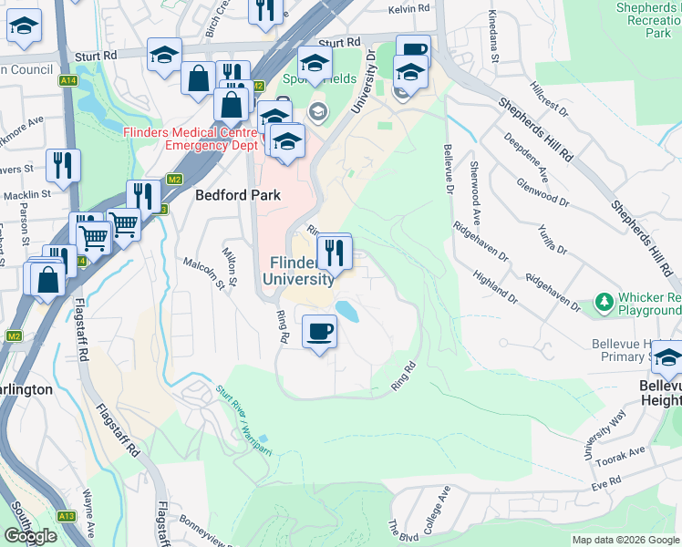 map of restaurants, bars, coffee shops, grocery stores, and more near Sturt Road in Bedford Park