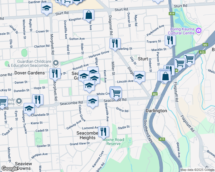 map of restaurants, bars, coffee shops, grocery stores, and more near 21 Kent Avenue in Seacombe Gardens