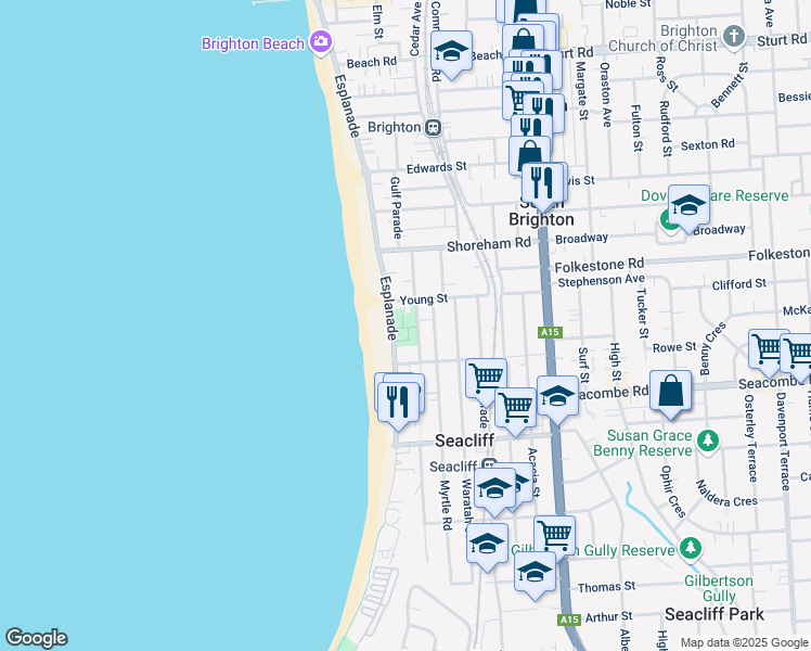 map of restaurants, bars, coffee shops, grocery stores, and more near Esplanade in Seacliff