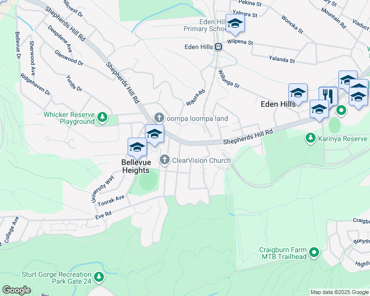 map of restaurants, bars, coffee shops, grocery stores, and more near 224 Shepherds Hill Road in Bellevue Heights