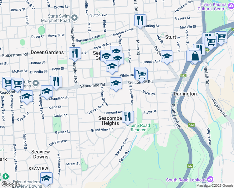 map of restaurants, bars, coffee shops, grocery stores, and more near 78-124 Seacombe Road in Seacombe Heights