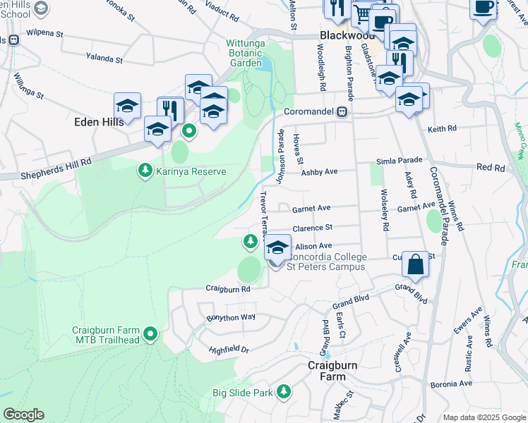 map of restaurants, bars, coffee shops, grocery stores, and more near Trevor Terrace in Blackwood