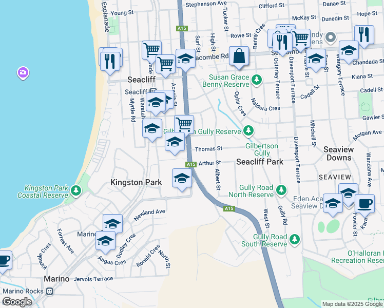 map of restaurants, bars, coffee shops, grocery stores, and more near 1 Thomas Street in Seacliff Park