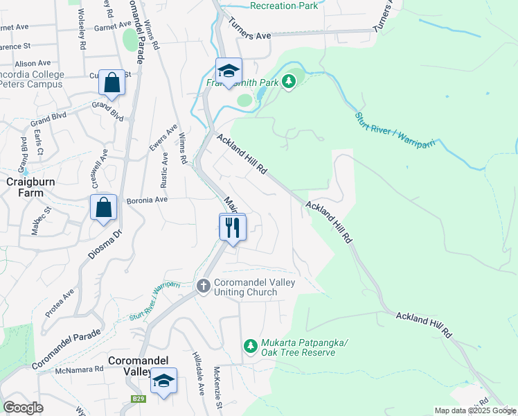 map of restaurants, bars, coffee shops, grocery stores, and more near 18 Meadowvale Road in Coromandel Valley