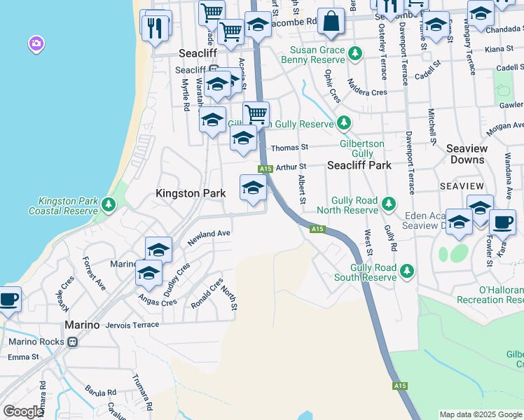 map of restaurants, bars, coffee shops, grocery stores, and more near 14A Scholefield Road in Seacliff