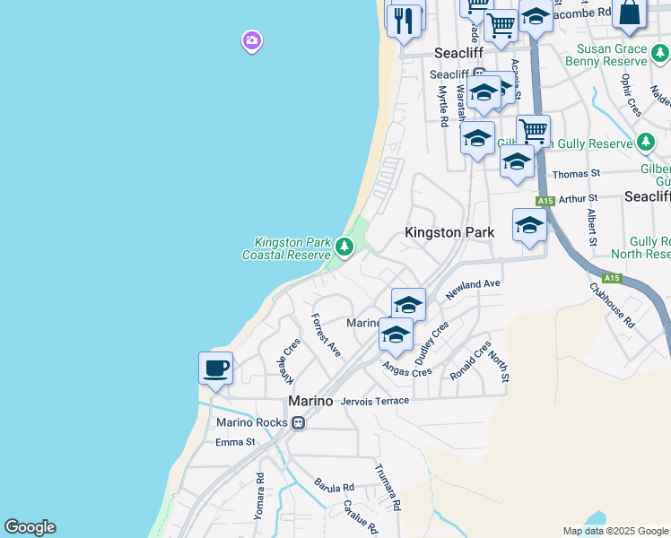 map of restaurants, bars, coffee shops, grocery stores, and more near Burnham Road in Kingston Park