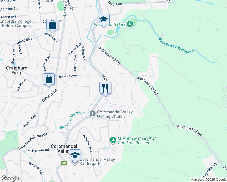 map of restaurants, bars, coffee shops, grocery stores, and more near 9 Meadowvale Road in Coromandel Valley