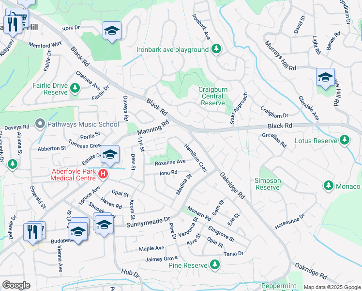 map of restaurants, bars, coffee shops, grocery stores, and more near 28 Hamilton Crescent in Aberfoyle Park