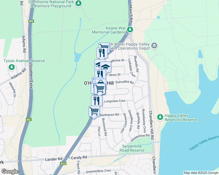 map of restaurants, bars, coffee shops, grocery stores, and more near 9 Glenthorn Crescent in O'Halloran Hill