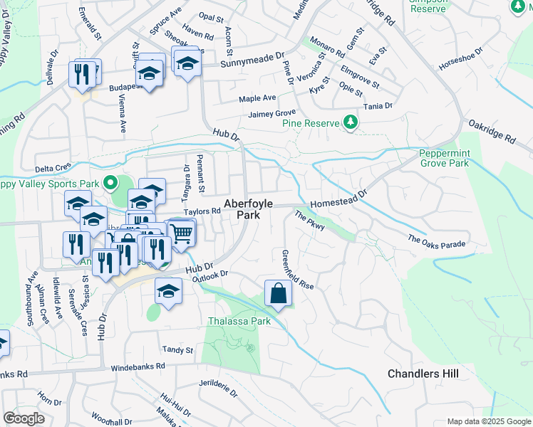 map of restaurants, bars, coffee shops, grocery stores, and more near 2 Bennett Close in Aberfoyle Park