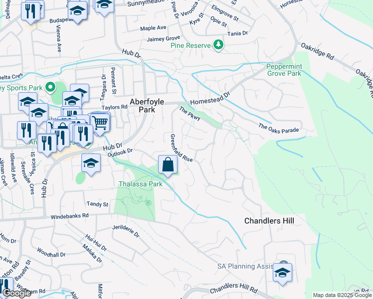 map of restaurants, bars, coffee shops, grocery stores, and more near 7 Highwood Court in Aberfoyle Park