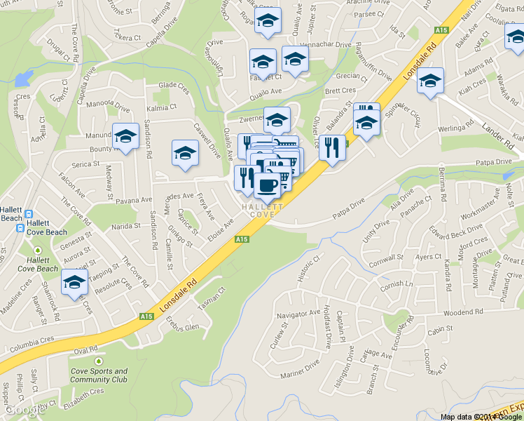 map of restaurants, bars, coffee shops, grocery stores, and more near 246 Lonsdale Road in Hallett Cove