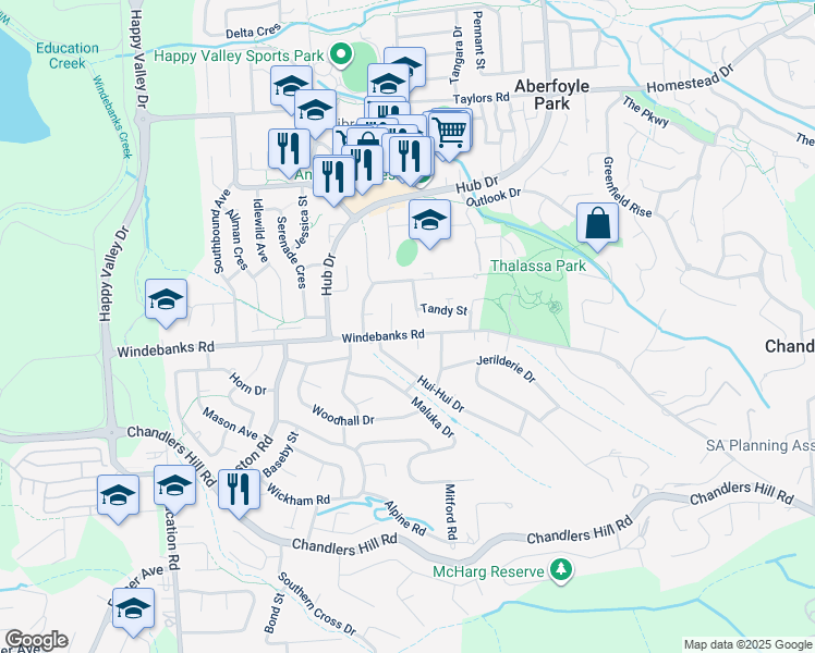 map of restaurants, bars, coffee shops, grocery stores, and more near 79 Windebanks Road in Aberfoyle Park